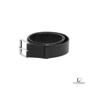Pre-loved Balenciaga men's black printed logo full-grain leather belt, size 85, front view – secondhand designer, NZ