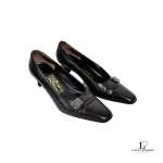 Pre-loved Salvatore Ferragamo chocolate brown calf leather heeled pumps, size US 5, front view – secondhand designer, NZ