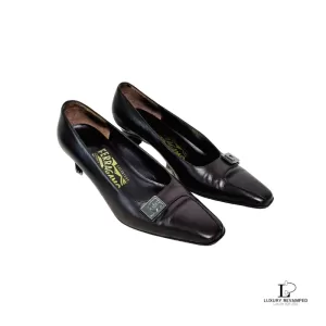 Pre-loved Salvatore Ferragamo chocolate brown calf leather heeled pumps, size US 5, front view – secondhand designer, NZ