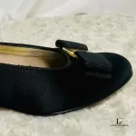 Salvatore Ferragamo black satin and leather flat pumps, size US 4.5, view 8