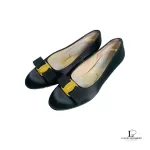 Salvatore Ferragamo black satin and leather flat pumps, size US 4.5, view 2