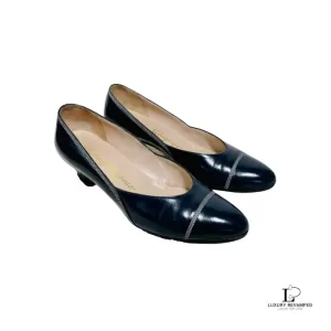 Pre-loved Salvatore Ferragamo Bekill midnight blue calf leather heeled pumps, size US 4.5, front view – secondhand designer, NZ