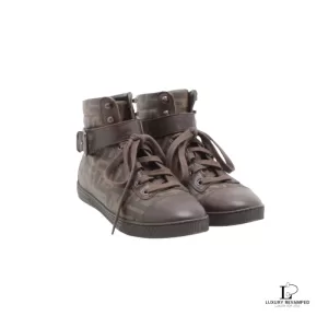Pre-loved Fendi Zucca men's brown and black hi-top sneakers, size 5.5, front view – secondhand designer, NZ