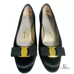 Salvatore Ferragamo black satin and leather flat pumps, size US 4.5, view 3