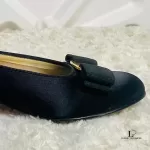 Salvatore Ferragamo black satin and leather flat pumps, size US 4.5, view 10