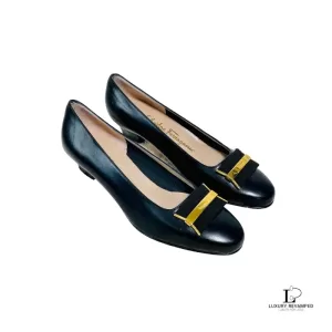 Pre-loved Salvatore Ferragamo Novoli black calf leather heeled pumps, unused, size US 5, front view – secondhand designer, NZ