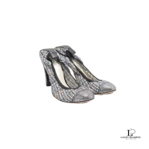 Pre-loved Chanel Tweed Multicolour Bijou leather heeled pumps, size 37, front view – secondhand designer, NZ