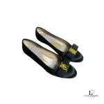 Pre-loved Salvatore Ferragamo black satin and leather flat pumps, size US 4.5, front view – secondhand designer, NZ