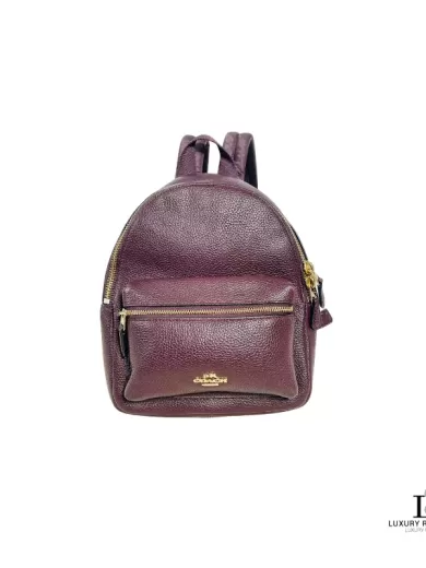 Pre-loved Coach maroon pebble leather mini backpack, front view – secondhand designer, NZ