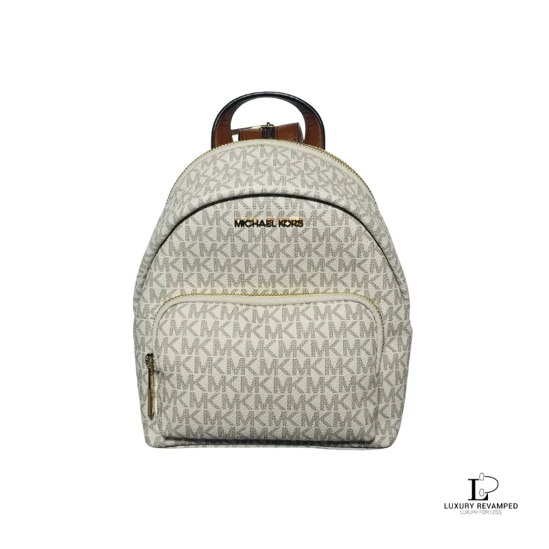 Pre-loved Michael Kors Erin white and grey monogram convertible backpack, new with tag, front view – secondhand designer, NZ