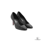 Pre-loved Chanel Coco Mark black matelasse leather heeled pumps, size 37, front view – secondhand designer, NZ