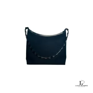 Pre-loved Salvatore Ferragamo Vala black nylon and leather chain shoulder bag, front view – secondhand designer, NZ