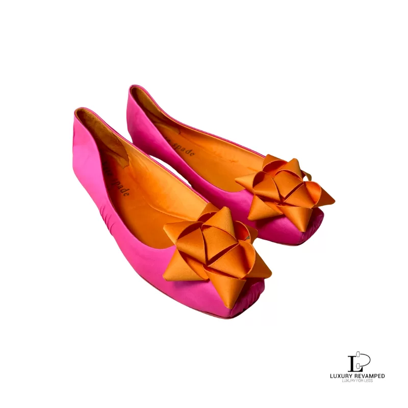 Pre-loved Kate Spade pink and orange satin bow ballet flats, size US 6, front view – secondhand designer, NZ