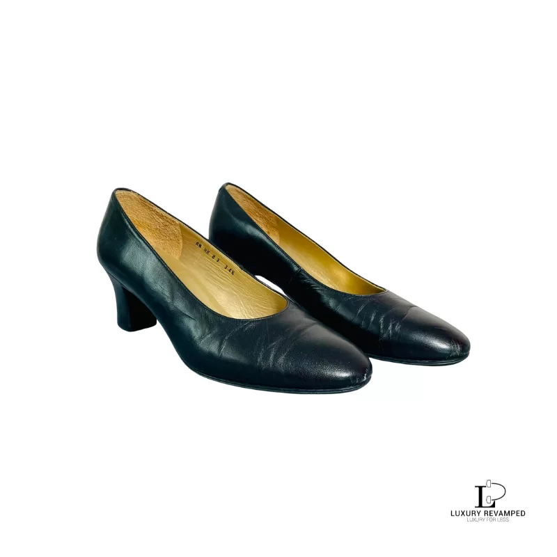 Pre-loved Yves Saint Laurent black leather court shoes, size 34.5, front view – secondhand designer, NZ