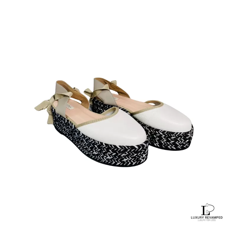 Pre-loved Furla black and white leather strappy platform sandals, size 37, front view – secondhand designer, NZ