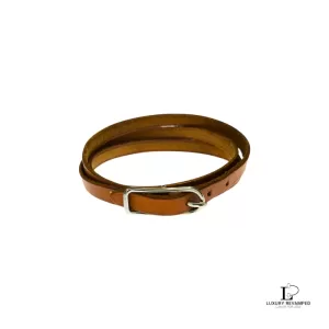 Pre-loved Hermes brown leather triple wrap bracelet with silver buckle, front view – secondhand designer, NZ