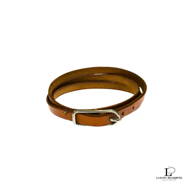 Pre-loved Hermes brown leather triple wrap bracelet with silver buckle, front view – secondhand designer, NZ