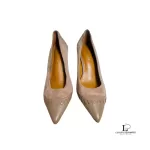 Pre-loved Coach nude brown suede leather heeled pumps, size US 7, front view – secondhand designer, NZ