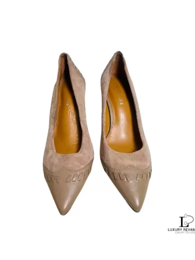 Pre-loved Coach nude brown suede leather heeled pumps, size US 7, front view – secondhand designer, NZ