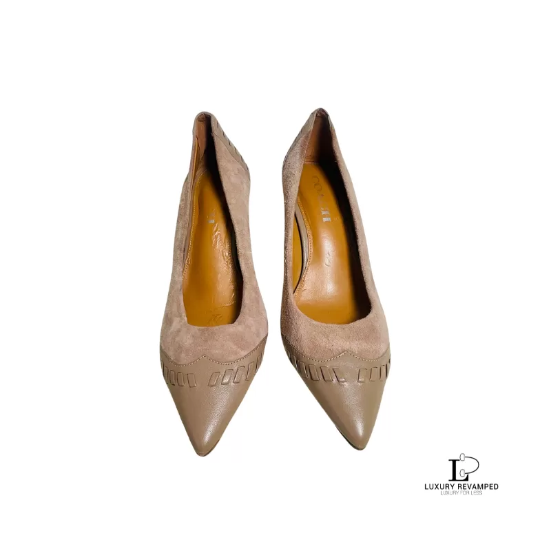 Pre-loved Coach nude brown suede leather heeled pumps, size US 7, front view – secondhand designer, NZ