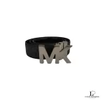 Pre-loved Michael Kors reversible initials monogram black leather belt, size 90, front view – secondhand designer, NZ
