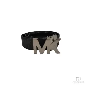 Pre-loved Michael Kors reversible initials monogram black leather belt, size 90, front view – secondhand designer, NZ