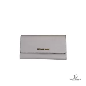 Pre-loved Michael Kors blush pink Saffiano leather flap long wallet, front view – secondhand designer, NZ