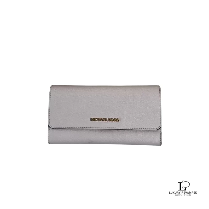 Pre-loved Michael Kors blush pink Saffiano leather flap long wallet, front view – secondhand designer, NZ