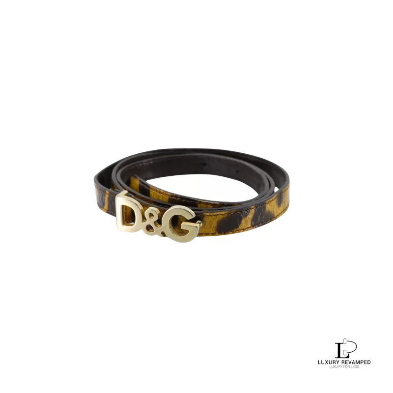 Pre-loved Dolce & Gabbana leopard thin belt, size 85, front view – secondhand designer, NZ