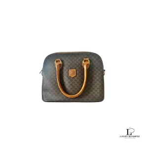 Pre-loved Celine Macadam Alma-type brown leather and canvas handbag, front view – secondhand designer, NZ