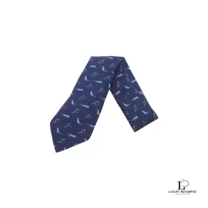 Pre-loved Hermes blue and white silk necktie, front view – secondhand designer, NZ