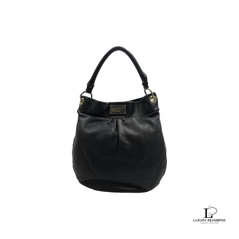 Pre-loved Marc Jacobs black calf leather slouch hobo bag, front view – secondhand designer, NZ