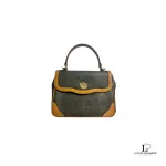 Pre-loved Nina Ricci tan and dark grey PVC and leather top handle two-way handbag, front view – secondhand designer, NZ