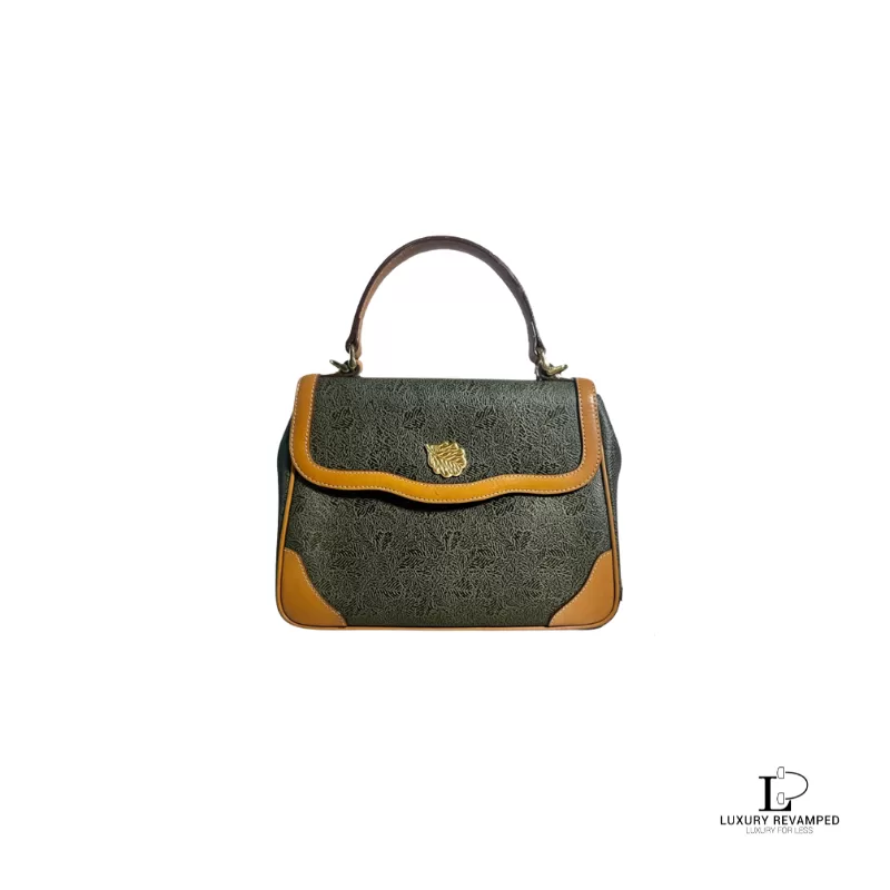 Pre-loved Nina Ricci tan and dark grey PVC and leather top handle two-way handbag, front view – secondhand designer, NZ