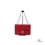 Pre-loved Gucci Dollar pinkish red polished calfskin Interlocking G chain shoulder bag, front view – secondhand designer, NZ