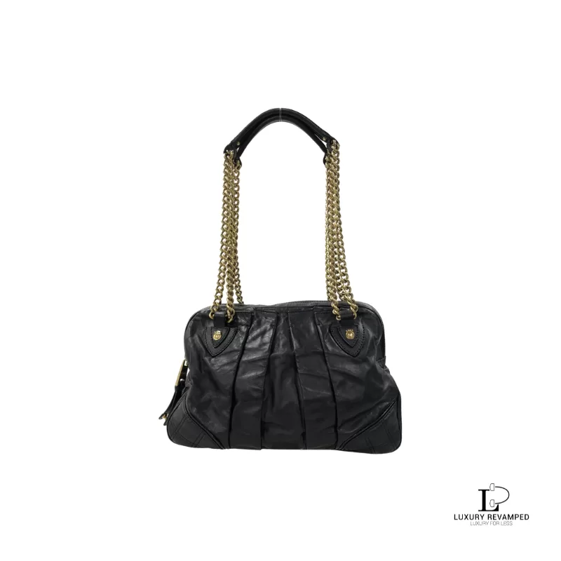 Pre-loved Marc Jacobs black leather double chain shoulder bag with gold hardware, front view – secondhand designer, NZ