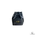 Pre-loved Fendi black leather drawstring backpack with gold hardware, front view – secondhand designer, NZ