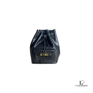 Pre-loved Fendi black leather drawstring backpack with gold hardware, front view – secondhand designer, NZ