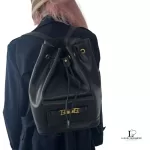 Fendi black leather drawstring backpack with gold hardware, view 22