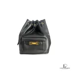 Fendi black leather drawstring backpack with gold hardware, view 2