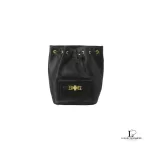 Fendi black leather drawstring backpack with gold hardware, view 3