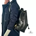Fendi black leather drawstring backpack with gold hardware, view 18