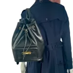 Fendi black leather drawstring backpack with gold hardware, view 19