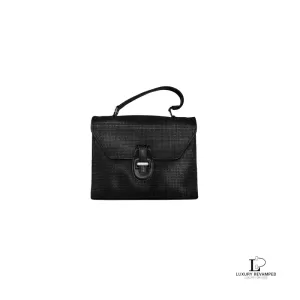 Pre-loved Bally black leather satchel handbag, front view – secondhand designer, NZ