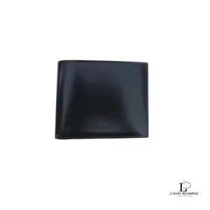 Pre-loved Bvlgari black smooth leather men's bifold wallet, front view – secondhand designer, NZ