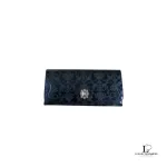 Pre-loved Anna Sui midnight blue patent leather rose-stamped flap wallet, front view – secondhand designer, NZ