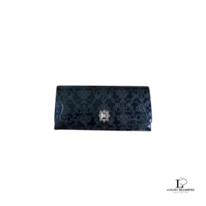 Pre-loved Anna Sui midnight blue patent leather rose-stamped flap wallet, front view – secondhand designer, NZ
