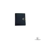 Pre-loved Gucci G compact bifold black smooth leather wallet with gold-tone clasp, front view – secondhand designer, NZ