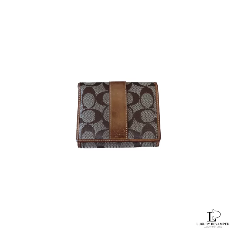 Pre-loved Coach brown monogram canvas medium wallet, front view – secondhand designer, NZ
