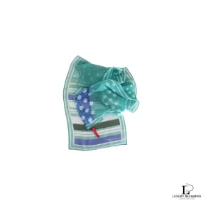 Pre-loved Anne Klein long skinny silk scarf in Light Green and White Dots, front view – secondhand designer, NZ